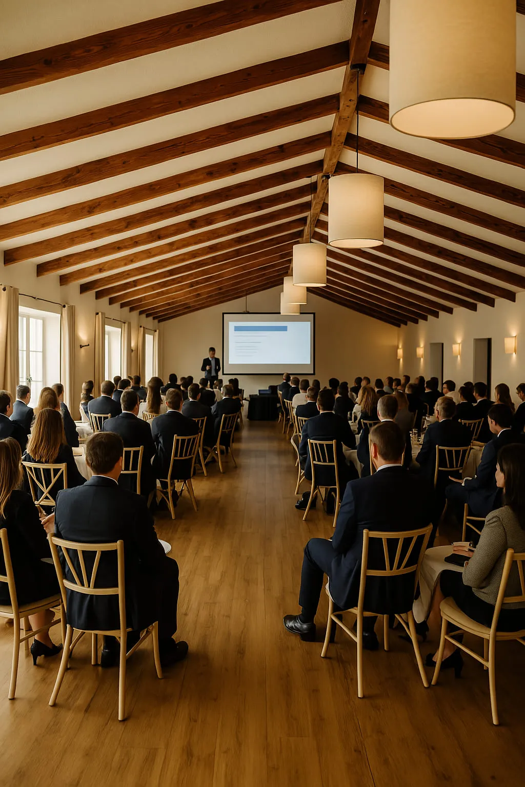 Sala preparada para uma conferência na Quinta do Alto