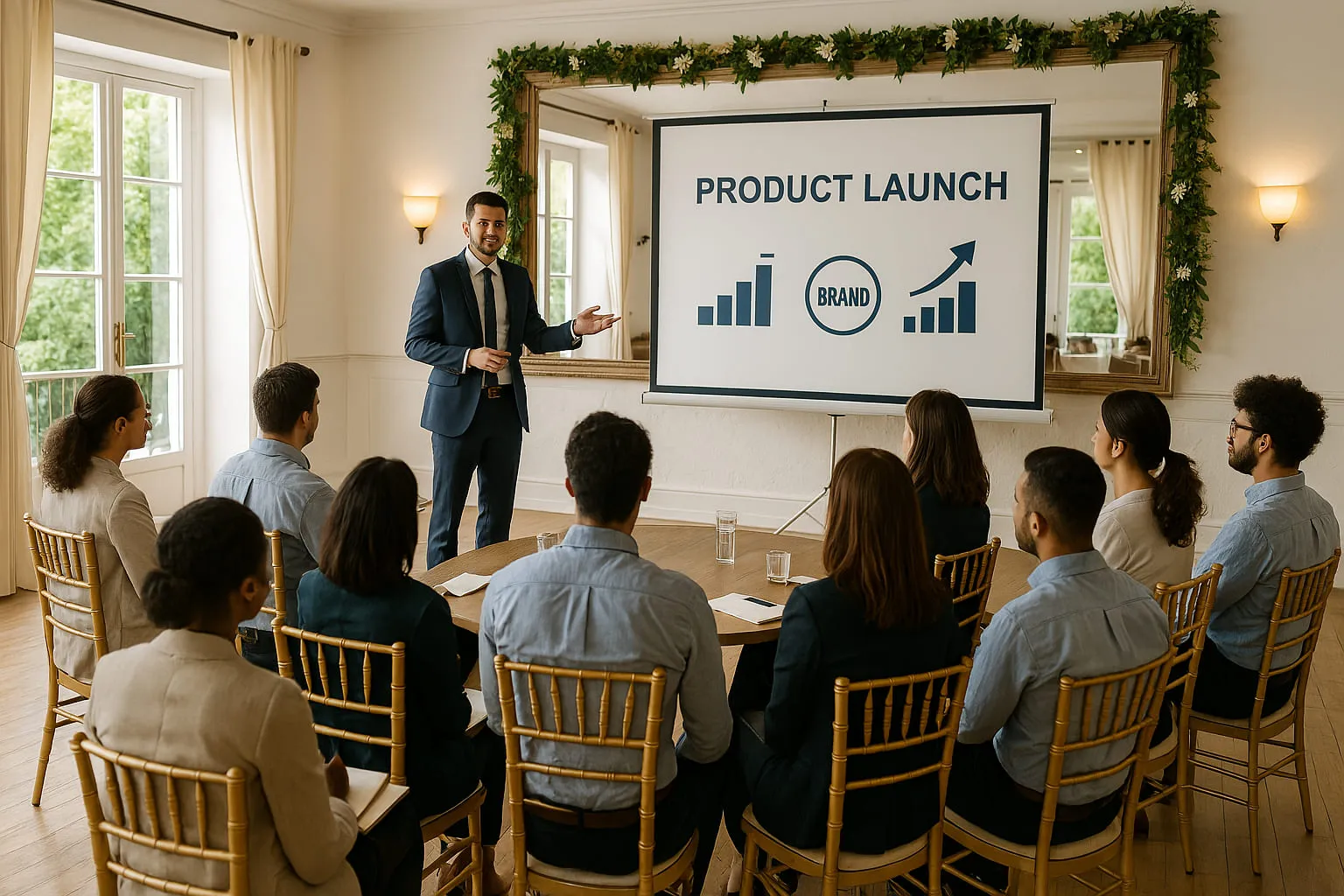 Apresentação de lançamento de produto com projeção e público sentado